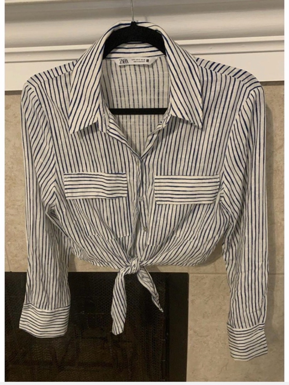 Zara White and Navy Stripe Tie-Front Button-Up Shirt